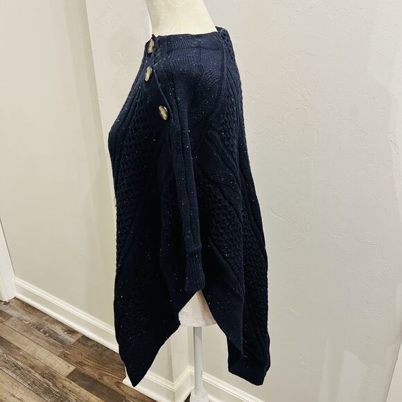 Talbots Navy Blue Cotton Blend Cable Knit Button Sweater Poncho Sz M (A0132) - Picture 4 of 7
